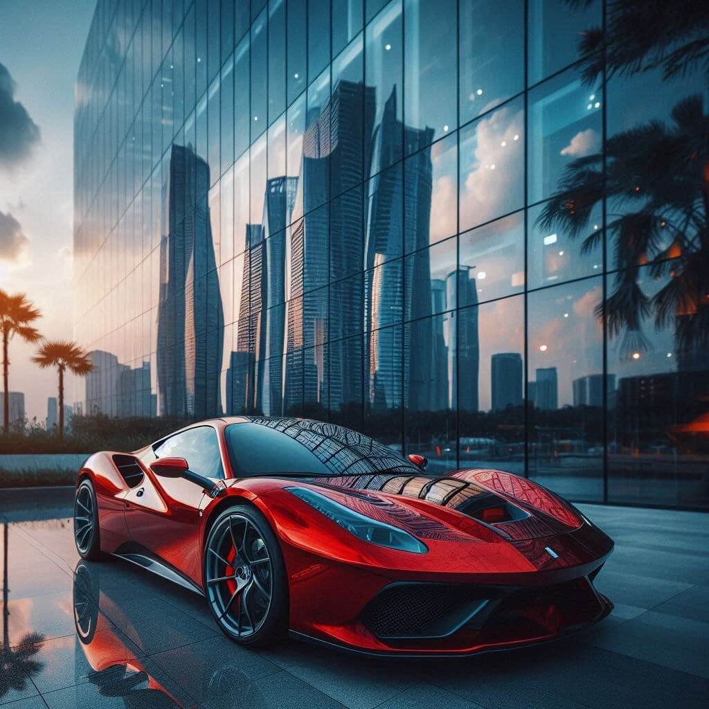 Sports car in front of skyscraper