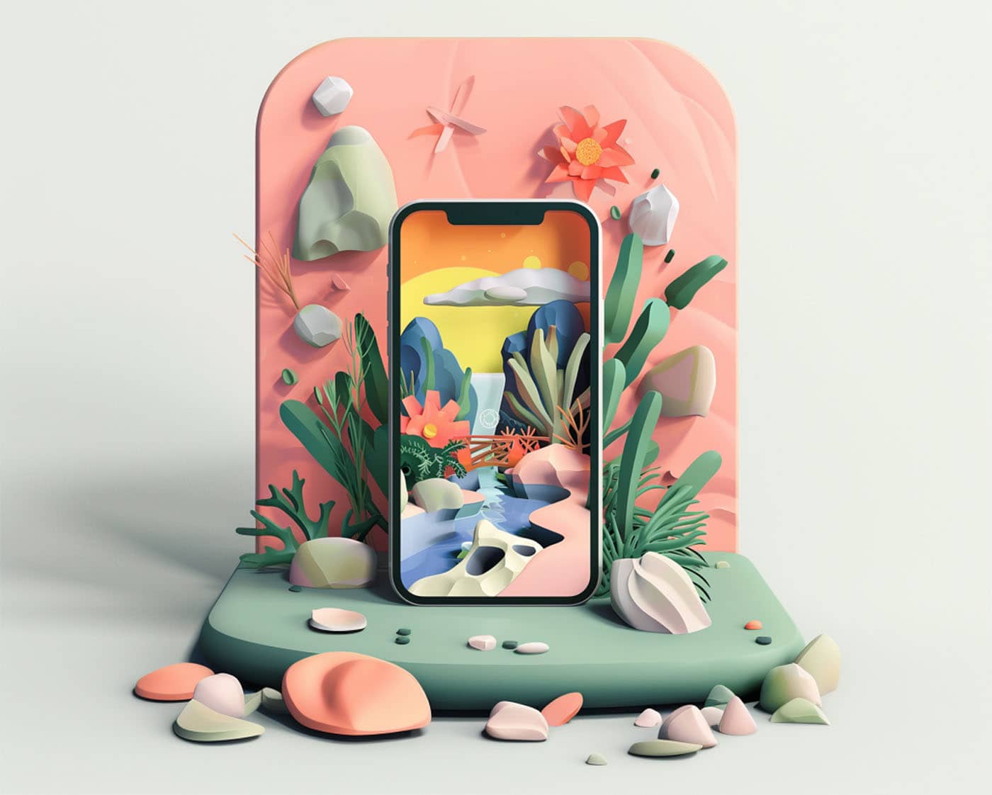 A phone set up against a pastel background and organic materials.